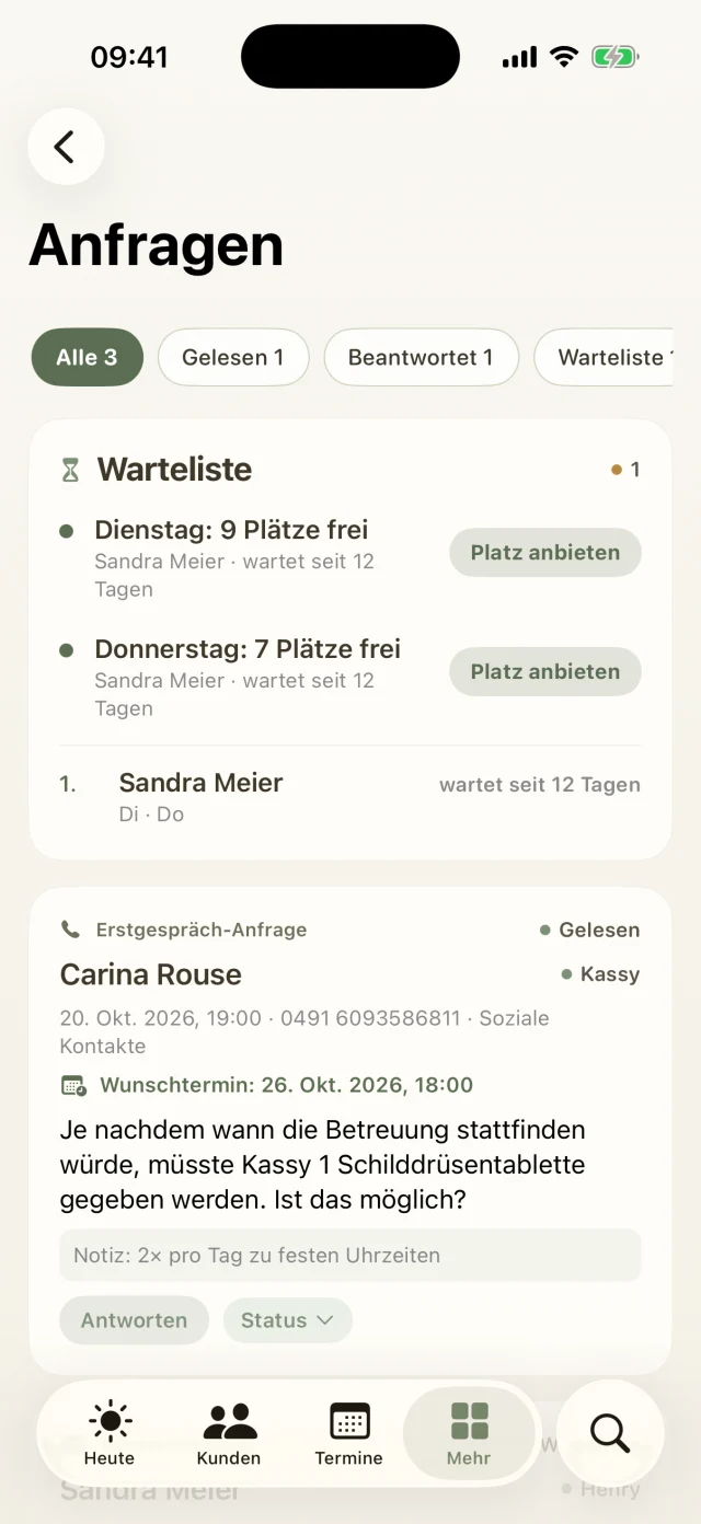 Anfragen mit Warteliste, Erstgespräch-Anfrage und Wunschtermin.