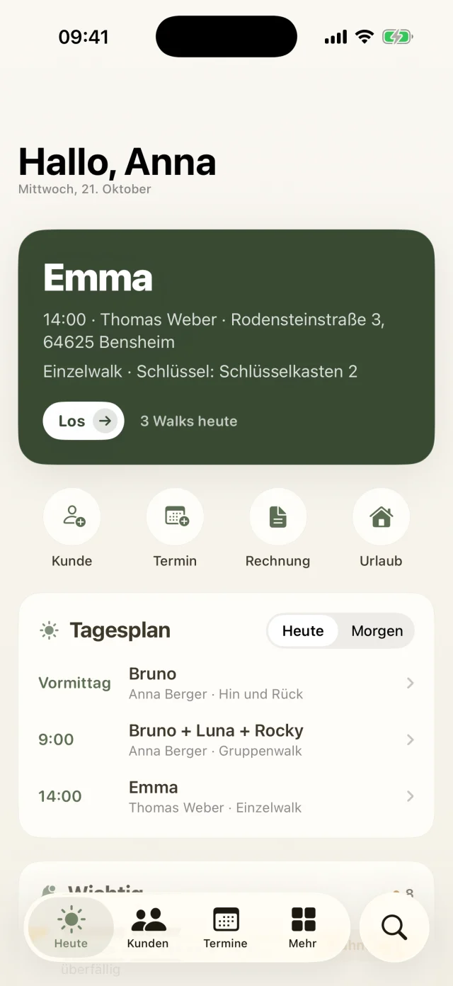 Heute-Bildschirm mit Tagesplan und wichtigen Hinweisen.