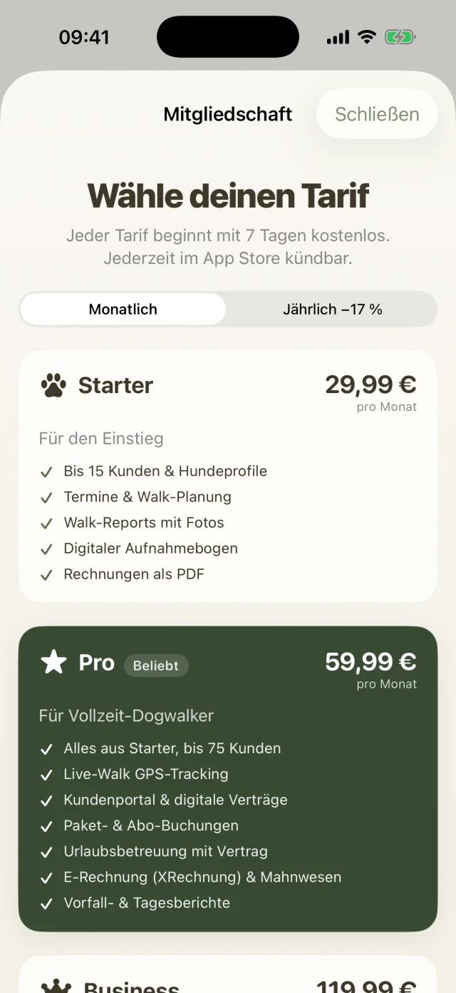 Tarifauswahl mit Starter, Pro und Business.