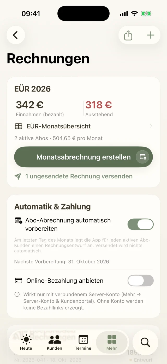 Rechnungen mit EÜR, Monatsabrechnung und Automatik-Einstellungen.