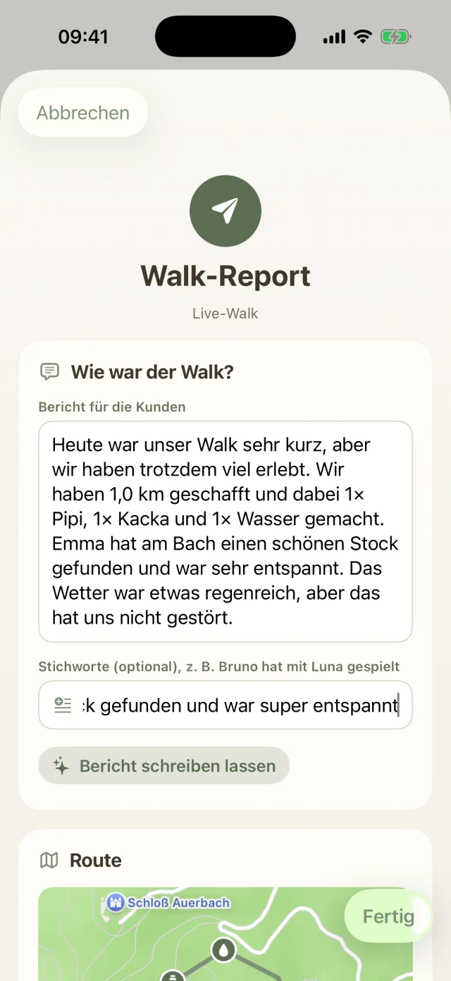 Walk-Report mit automatisch geschriebenem Bericht aus Stichworten, Wetter und Markierungen.