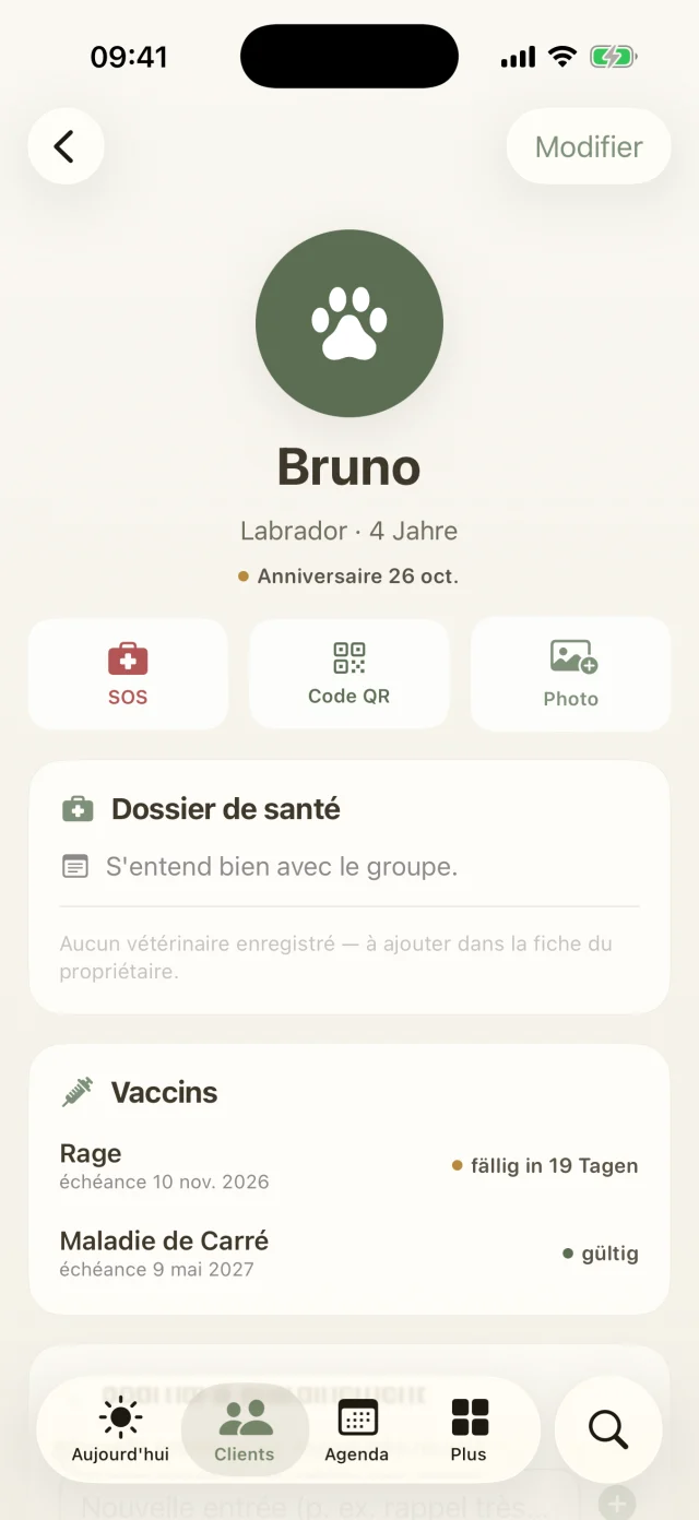 Profil de Bruno avec dossier santé et vaccins.