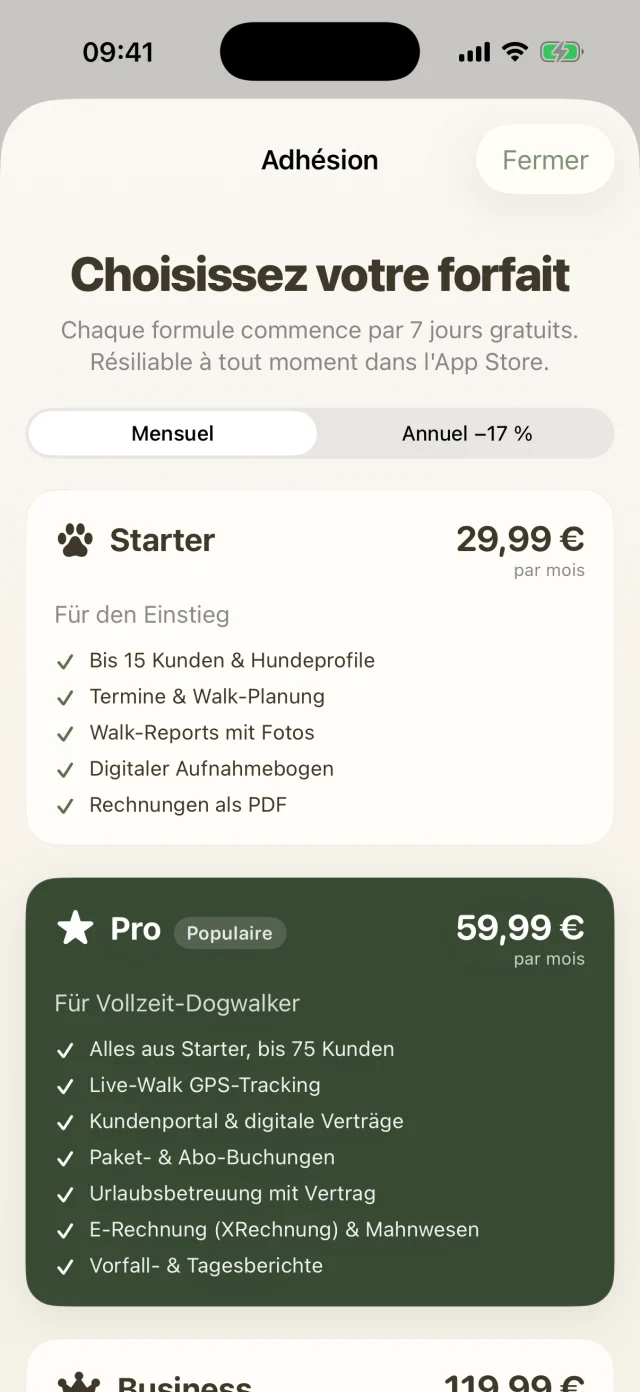 Choix de l'offre avec Starter, Pro et Business.
