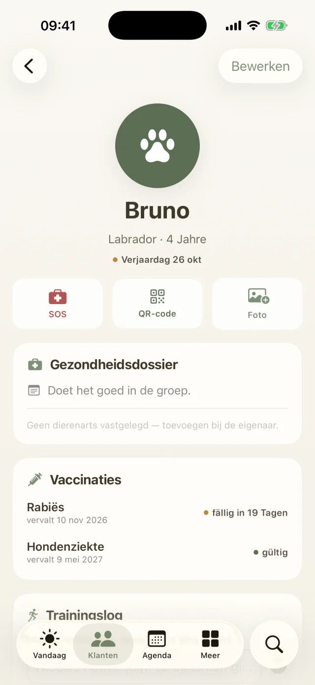 Hondenprofiel van Bruno met gezondheidsdossier en vaccinaties.