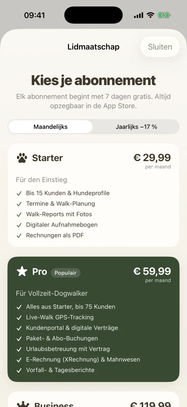Abonnementskeuze met Starter, Pro en Business.