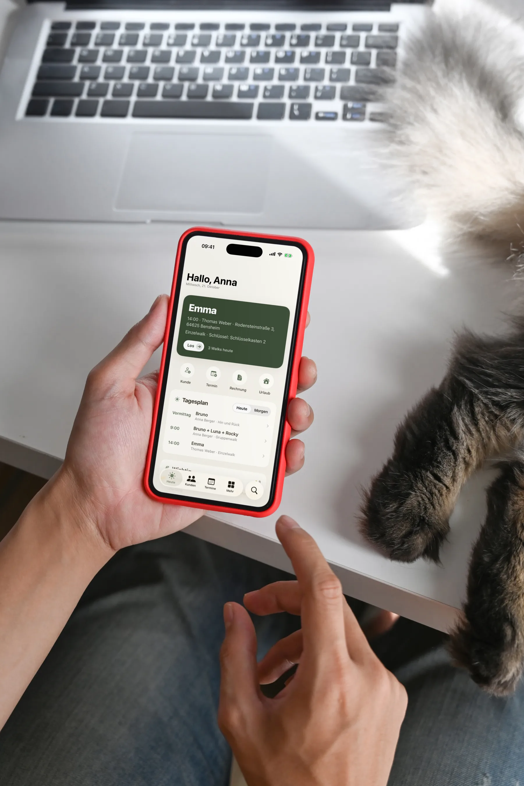 Hände halten ein iPhone mit dem Heute-Bildschirm von Dog Walkers, daneben ein Laptop und die Pfoten einer Katze.